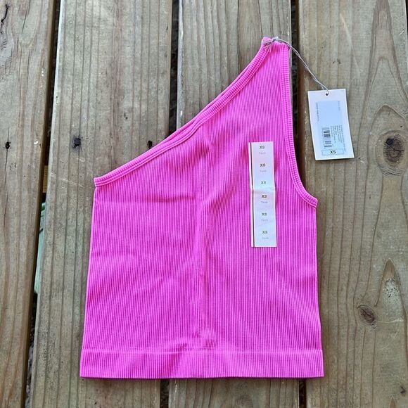 NWT A New Day XS Off The Shoulder Cerise Pink Asymmetrical Tank Top Ribbed - Picture 3 of 7